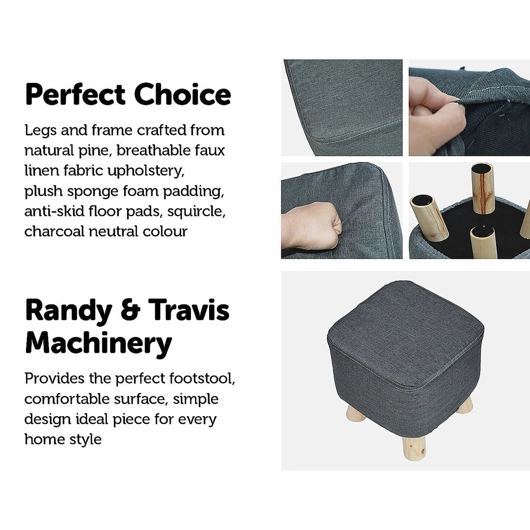 Randy & Travis Machinery Furniture Charcoal Fabric Ottoman Foot Stool Rest Pouffe Wood Padded Seat Squircle