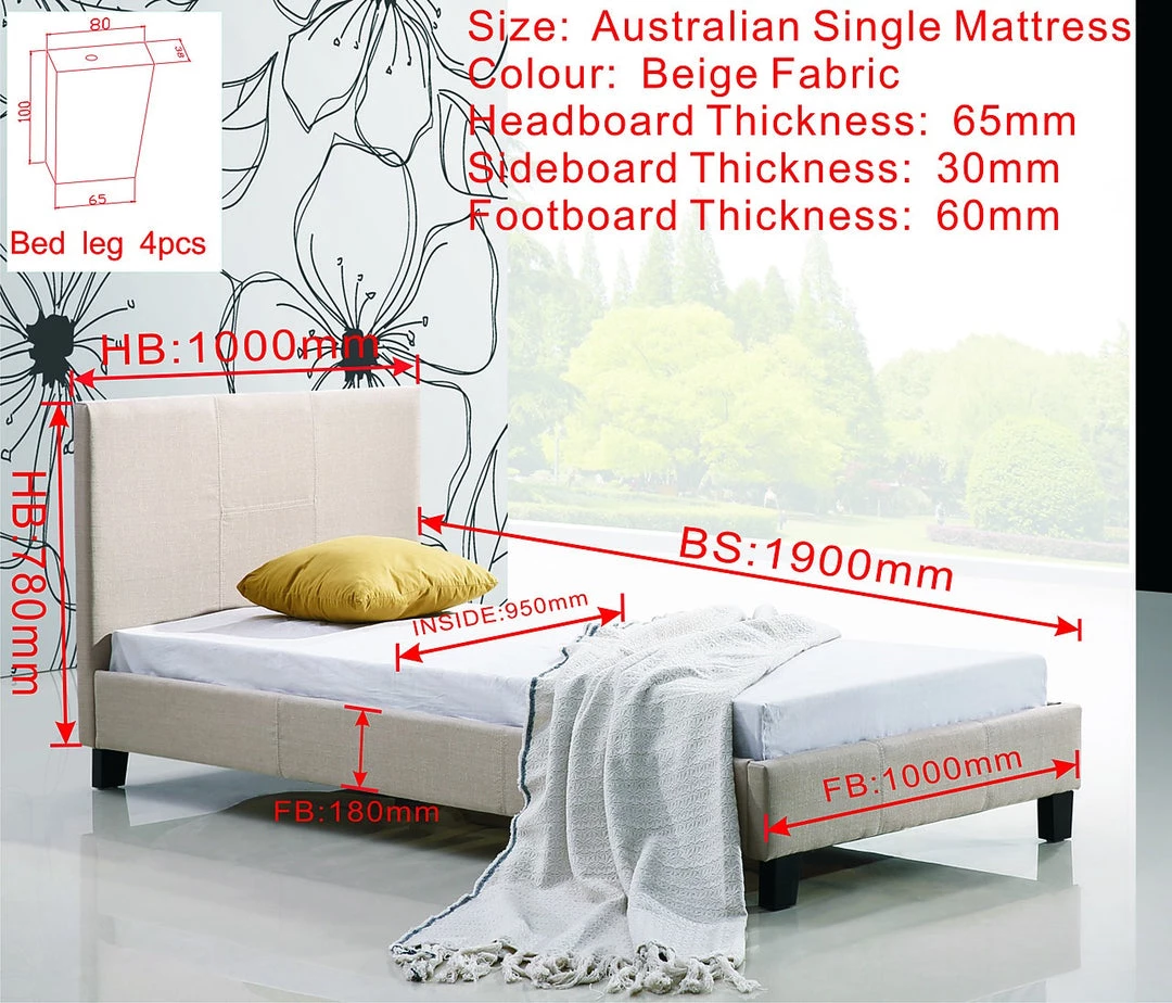 Palermo Single Bed Frame Beige Linen Fabric Furniture