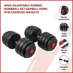 Randy & Travis Machinery 40kg Adjustable Rubber Dumbbell Set Barbell Home GYM Exercise Weights Sports & Fitness