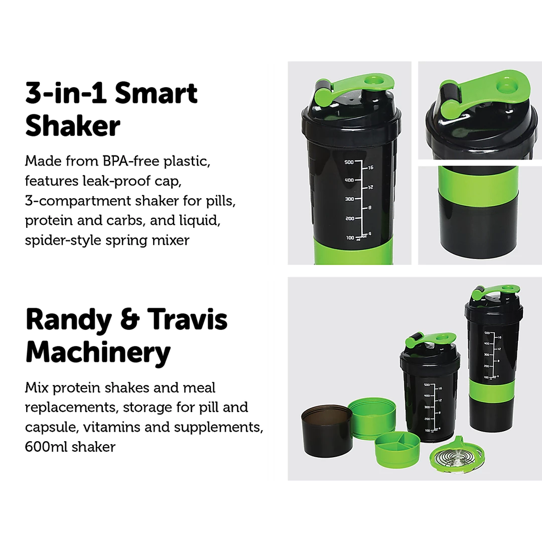 Randy & Travis Machinery 2x Protein Gym Shaker Premium 3 In 1 Smart Style Blender Mixer Cup Bottle Spider