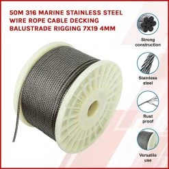 Randy & Travis Machinery 50M 316 Marine Stainless Steel Wire Rope Cable Decking Balustrade Rigging 7x19 4mm
