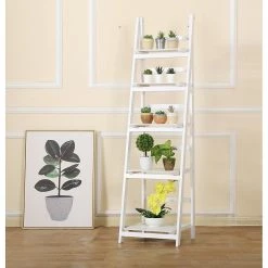 Randy & Travis Machinery 5 Tier Wooden Ladder Shelf Stand Storage Book Display Rack - White