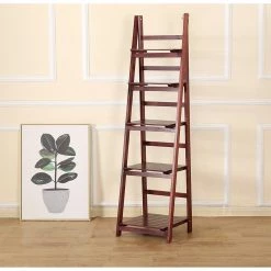 Randy & Travis Machinery Furniture 5 Tier Wooden Ladder Shelf Stand Storage Book Display Rack - Coffee