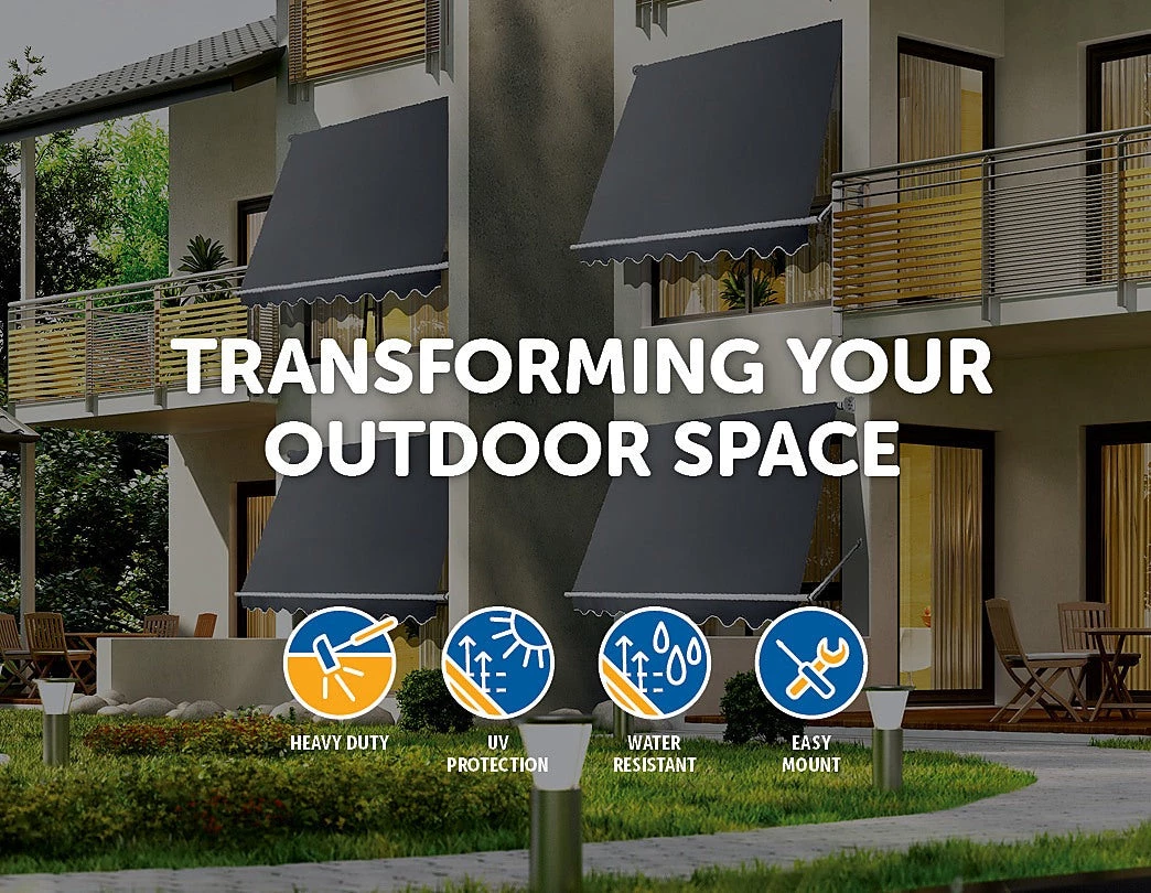 Bariloche DIY & Renovation Retractable Fixed Pivot Arm Window Awning Patio Garden Blinds 2.4m X 2.1m Grey