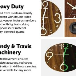 FactoryFast.com.au Glow In Dark Wall Clock Luminous Quartz Wooden Non Ticking Home Decor 12''/30cm
