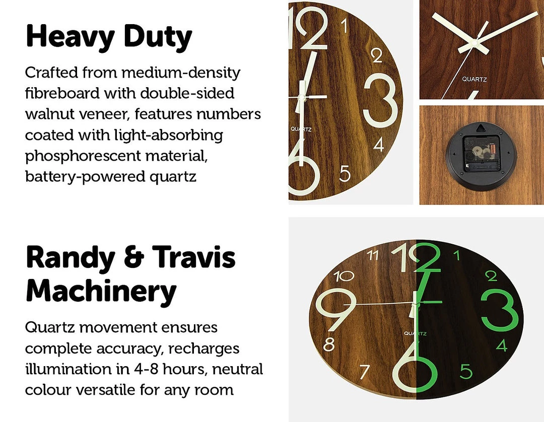 FactoryFast.com.au Glow In Dark Wall Clock Luminous Quartz Wooden Non Ticking Home Decor 12''/30cm
