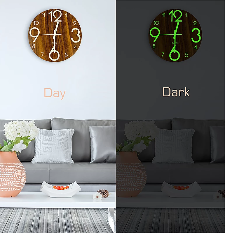 FactoryFast.com.au Glow In Dark Wall Clock Luminous Quartz Wooden Non Ticking Home Decor 12''/30cm