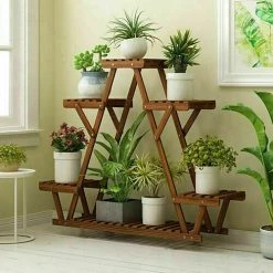 Randy & Travis Machinery Wood Plant Stand Indoor Outdoor Carbonized Triangle Corner Plant Rack