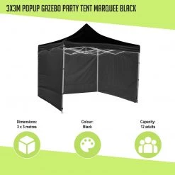 Randy & Travis Machinery 3x3m Popup Gazebo Party Tent Marquee Black