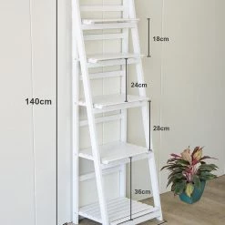 Randy & Travis Machinery 5 Tier Wooden Ladder Shelf Stand Storage Book Display Rack - White