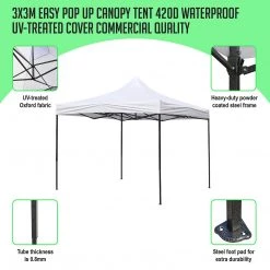 Randy & Travis Machinery Outdoor & Leisure 3x3m Easy Pop Up Canopy Tent 420D Waterproof UV-Treated Cover Commercial Quality