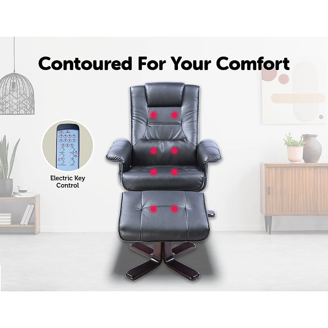 Palermo PU Leather Massage Chair Recliner Ottoman Lounge Remote - Black