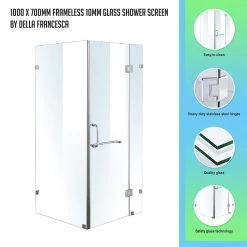 100 X 70cm Frameless 10mm Glass Shower Screen By Della Francesca CHROME Hinges/Brackets And ROUND Handle