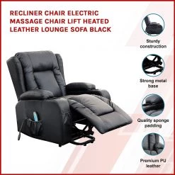 Palermo Recliner Chair Electric Massage Chair Lift Heated Leather Lounge Sofa Black Furniture