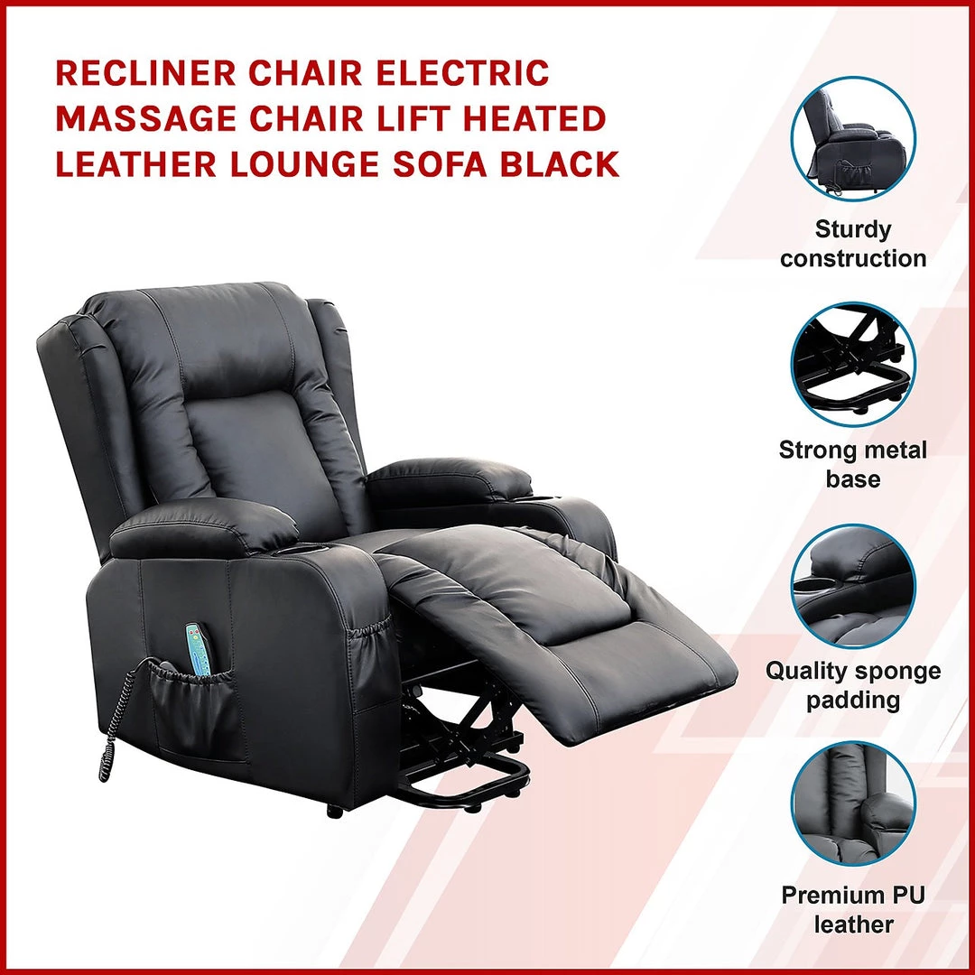 Palermo Recliner Chair Electric Massage Chair Lift Heated Leather Lounge Sofa Black Furniture