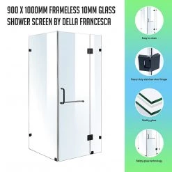 90 X 100cm Frameless 10mm Glass Shower Screen By Della Francesca BLACK Hinges/Brackets And ROUND Handle