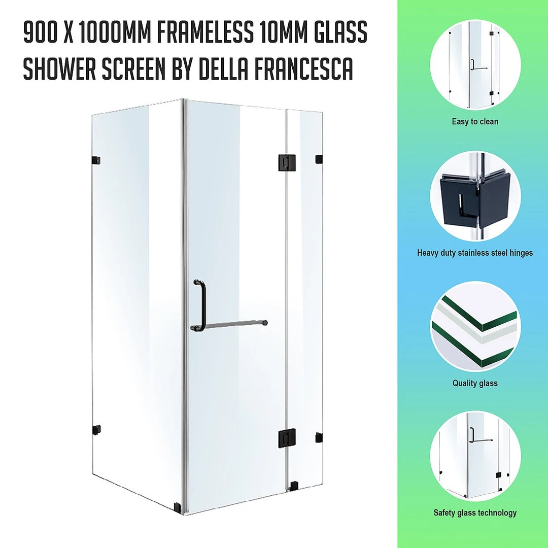 90 X 100cm Frameless 10mm Glass Shower Screen By Della Francesca BLACK Hinges/Brackets And ROUND Handle