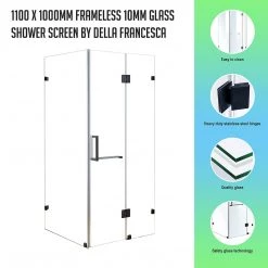 110 X 100cm Frameless 10mm Glass Shower Screen By Della Francesca BLACK Hinges/Brackets And ROUND Handle DIY & Renovation