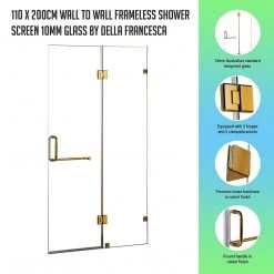 Della Francesca 110 X 200cm Wall To Wall Frameless Shower Screen In GOLD Hardware With ROUND Handle DIY & Renovation