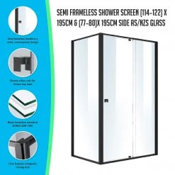 Della Francesca DIY & Renovation Front: (114~122) X 195cm Adjustable Semi Frameless Shower Screen In Black Side: (77~80) X 195cm