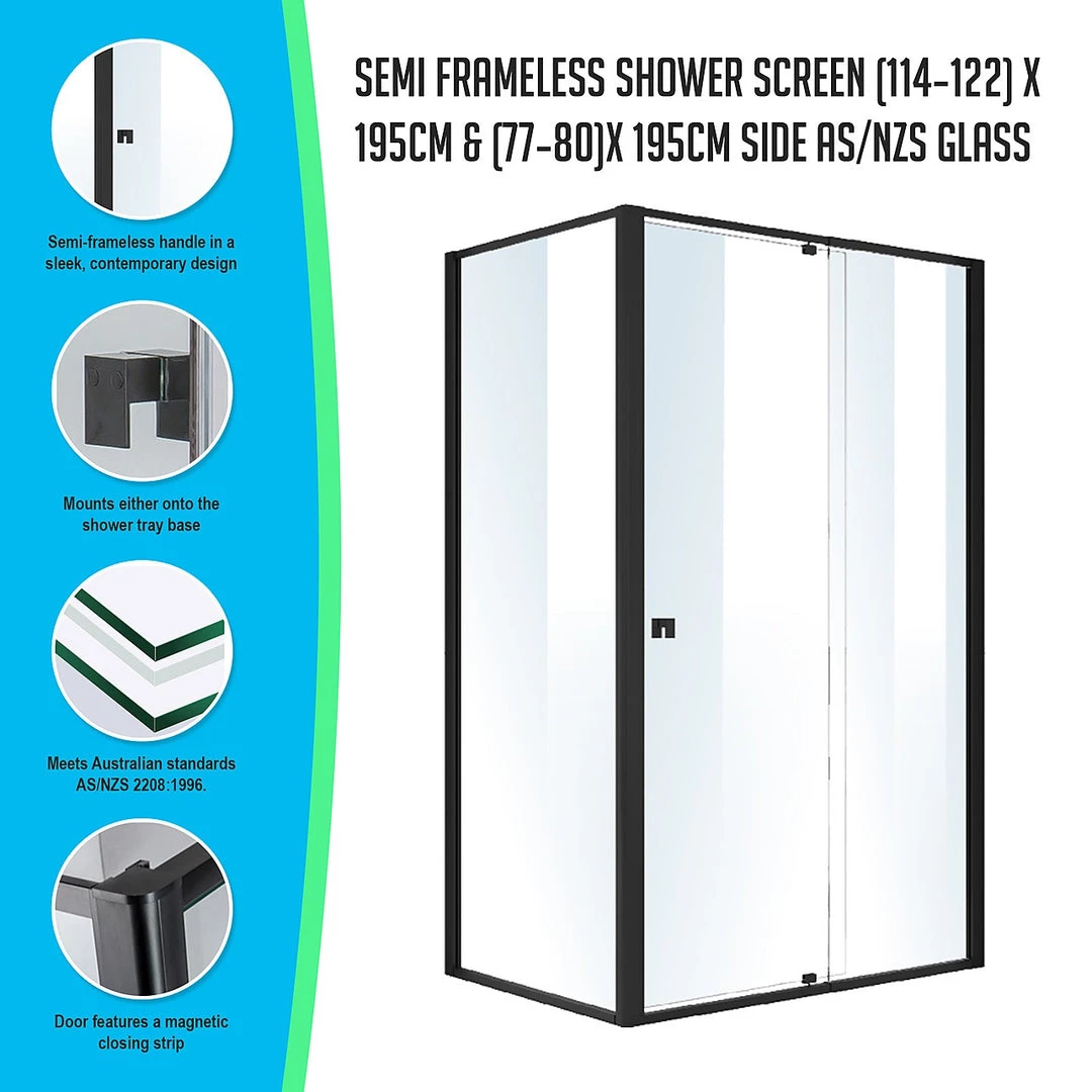 Della Francesca DIY & Renovation Front: (114~122) X 195cm Adjustable Semi Frameless Shower Screen In Black Side: (77~80) X 195cm