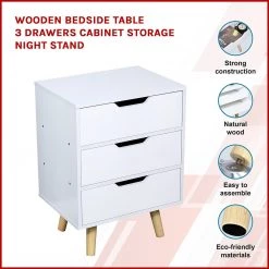 Palermo Furniture Wooden Bedside Table 3-Drawer Cabinet Storage Night Stand