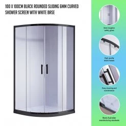 Della Francesca DIY & Renovation 100 X 100cm Rounded Sliding 6mm Curved Shower Screen With Base In Black With White Base