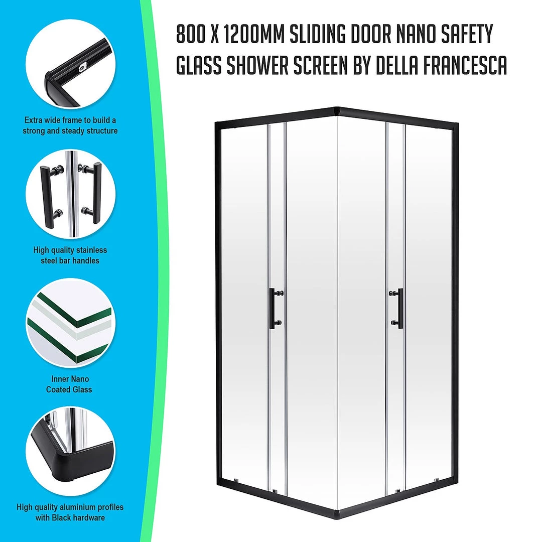 Della Francesca DIY & Renovation 800 X 1200mm Sliding Door Nano Safety Glass Shower Screen In Black