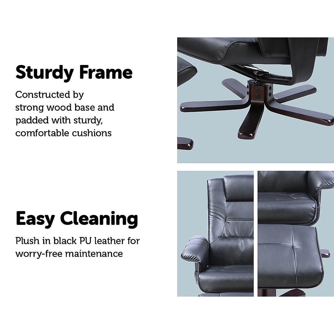 Palermo PU Leather Massage Chair Recliner Ottoman Lounge Remote - Black