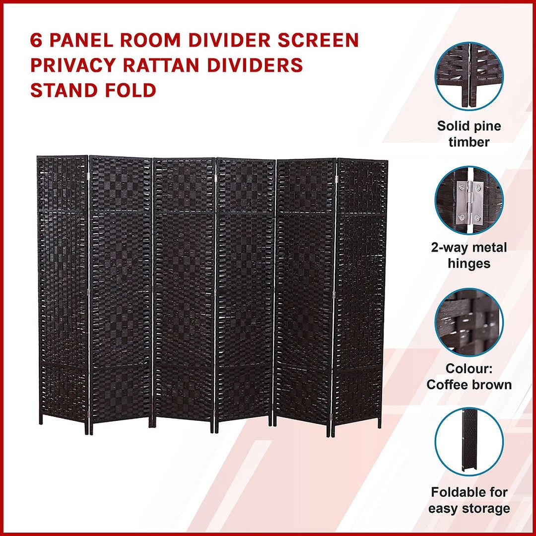 Palermo 6-Panel Room Divider Screen Privacy Rattan Dividers Stand Fold