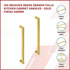 Randy & Travis Machinery 15x Brushed Brass Drawer Pulls Kitchen Cabinet Handles - Gold Finish 256mm