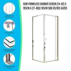 Della Francesca DIY & Renovation Front: (74~82) X 195cm Adjustable Semi Frameless Shower Screen In Chrome Side: (77~80) X 195cm