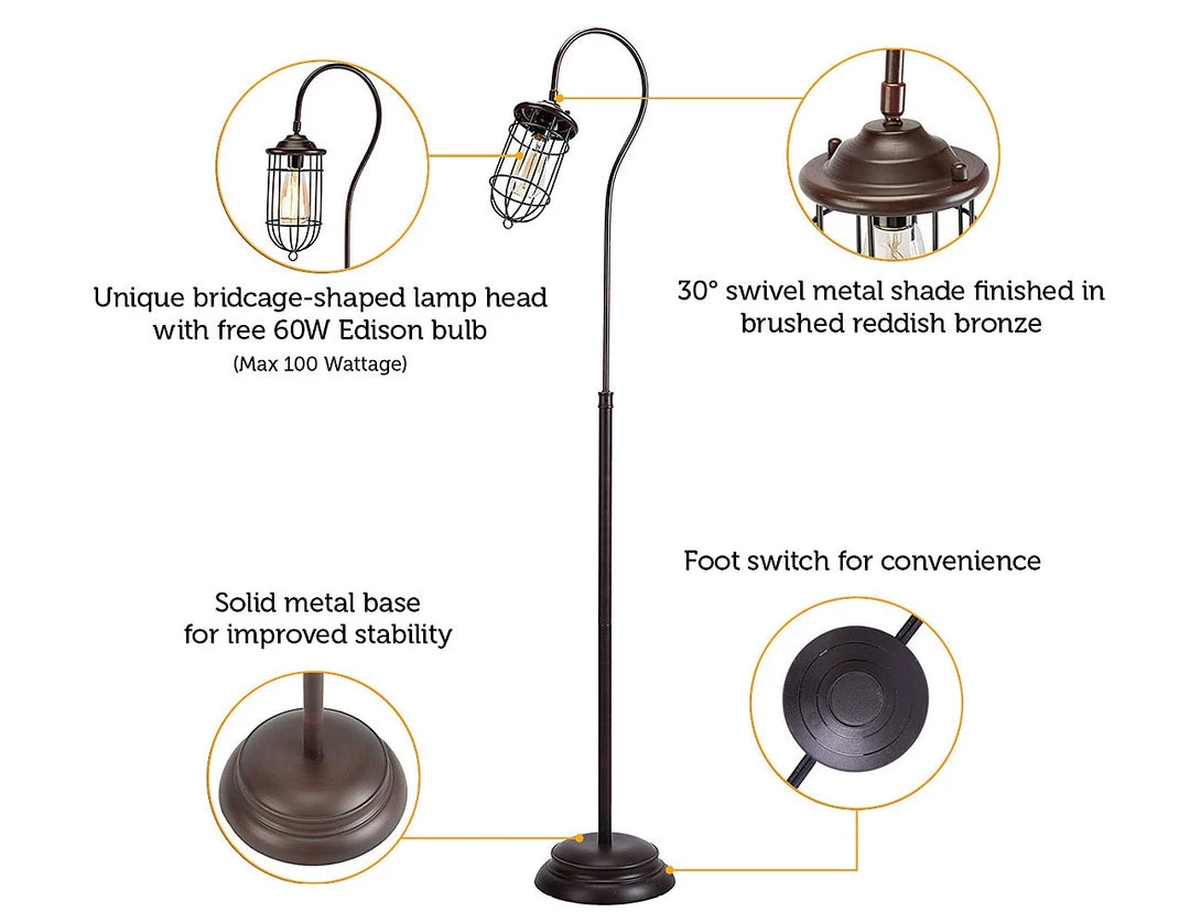 FactoryFast.com.au Industrial Floor Lamp With Adjustable Cage Shade In Bronze Finish