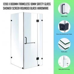 120 X 80cm Frameless 10mm Glass Shower Screen By Della Francesca BLACK Hinges/Brackets And ROUND Handle DIY & Renovation