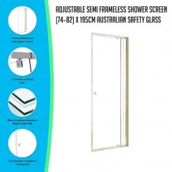 Della Francesca DIY & Renovation Front: (74~82) X 195cm Adjustable Semi Frameless Shower Screen In Chrome No Side Return