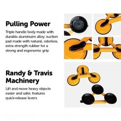 Randy & Travis Machinery 2x 150kg Load Aluminum Triple Suction Cup Pad Glazer Glass Sucker Remover Lifter