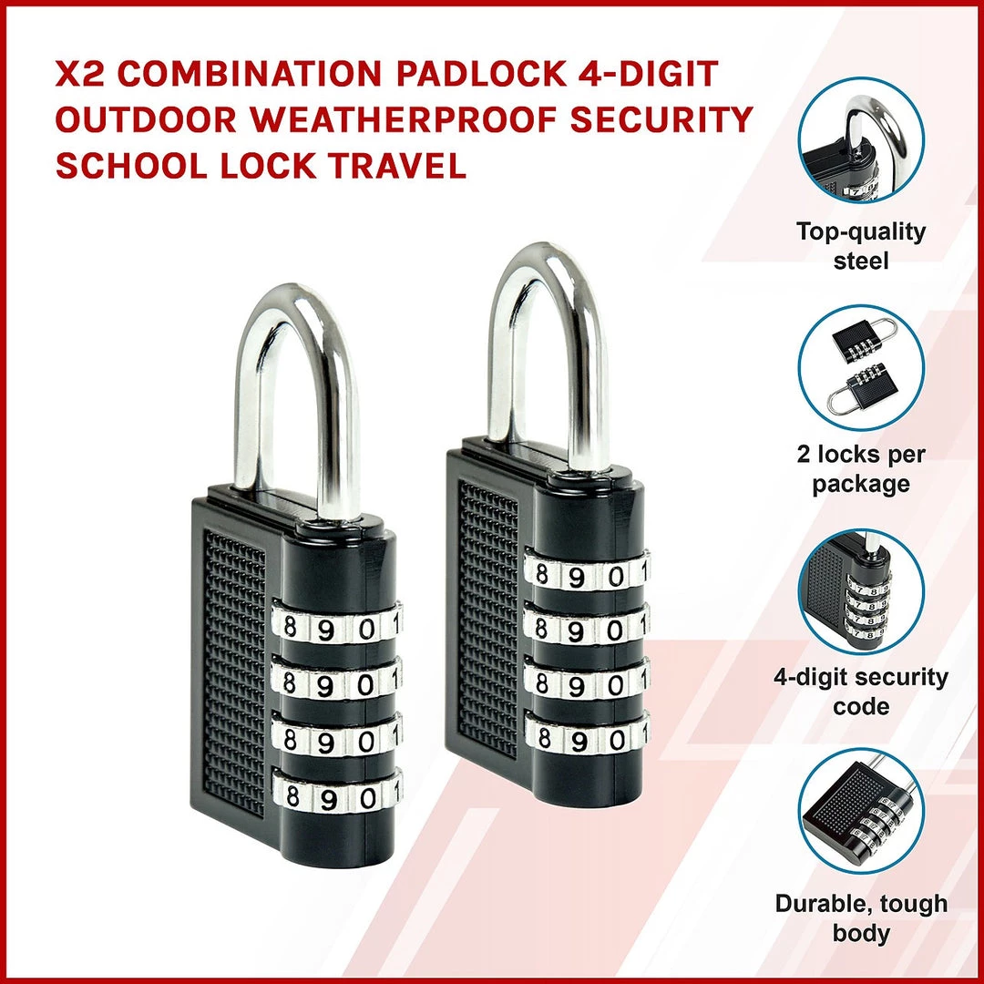 FactoryFast.com.au Outdoor & Leisure X2 Combination Padlock 4-Digit Outdoor Weatherproof Security School Lock Travel