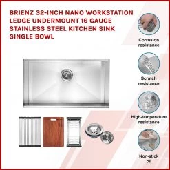 DIY & Renovation BRIENZ 32-inch Nano Workstation Ledge Undermount 16 Gauge Stainless Steel Kitchen Sink Single Bowl
