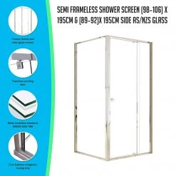 Della Francesca DIY & Renovation Front: (98~106) X 195cm Adjustable Semi Frameless Shower Screen In Chrome Side: (89~92) X 195cm