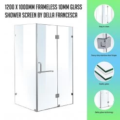 120 X 100cm Frameless 10mm Glass Shower Screen By Della Francesca CHROME Hinges/Brackets And SQUARE Handle