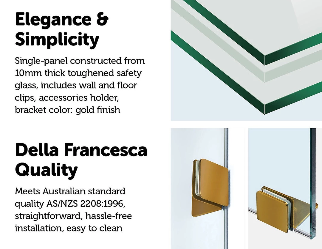 Della Francesca DIY & Renovation 80 X 210cm Frameless 10mm Safety Glass Shower Screen Gold Finish