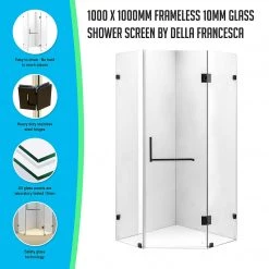 1000 X 1000mm Frameless 10mm Glass Shower Screen By Della Francesca Black Hinges/Brackets And Square Handle