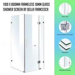 110 X 80cm Frameless 10mm Glass Shower Screen By Della Francesca CHROME Hinges/Brackets And SQUARE Handle DIY & Renovation