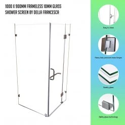 100 X 90cm Frameless 10mm Glass Shower Screen By Della Francesca Nickel Hinges/Brackets And Round Handle DIY & Renovation