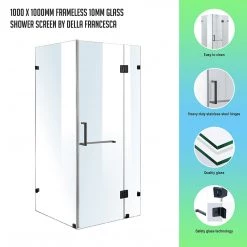 100 X 100cm Frameless 10mm Glass Shower Screen By Della Francesca BLACK Hinges/Brackets And SQUARE Handle DIY & Renovation