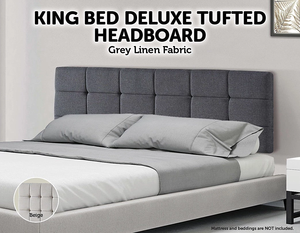 Palermo Grey Linen Fabric King Deluxe Tufted Headboard Bedhead