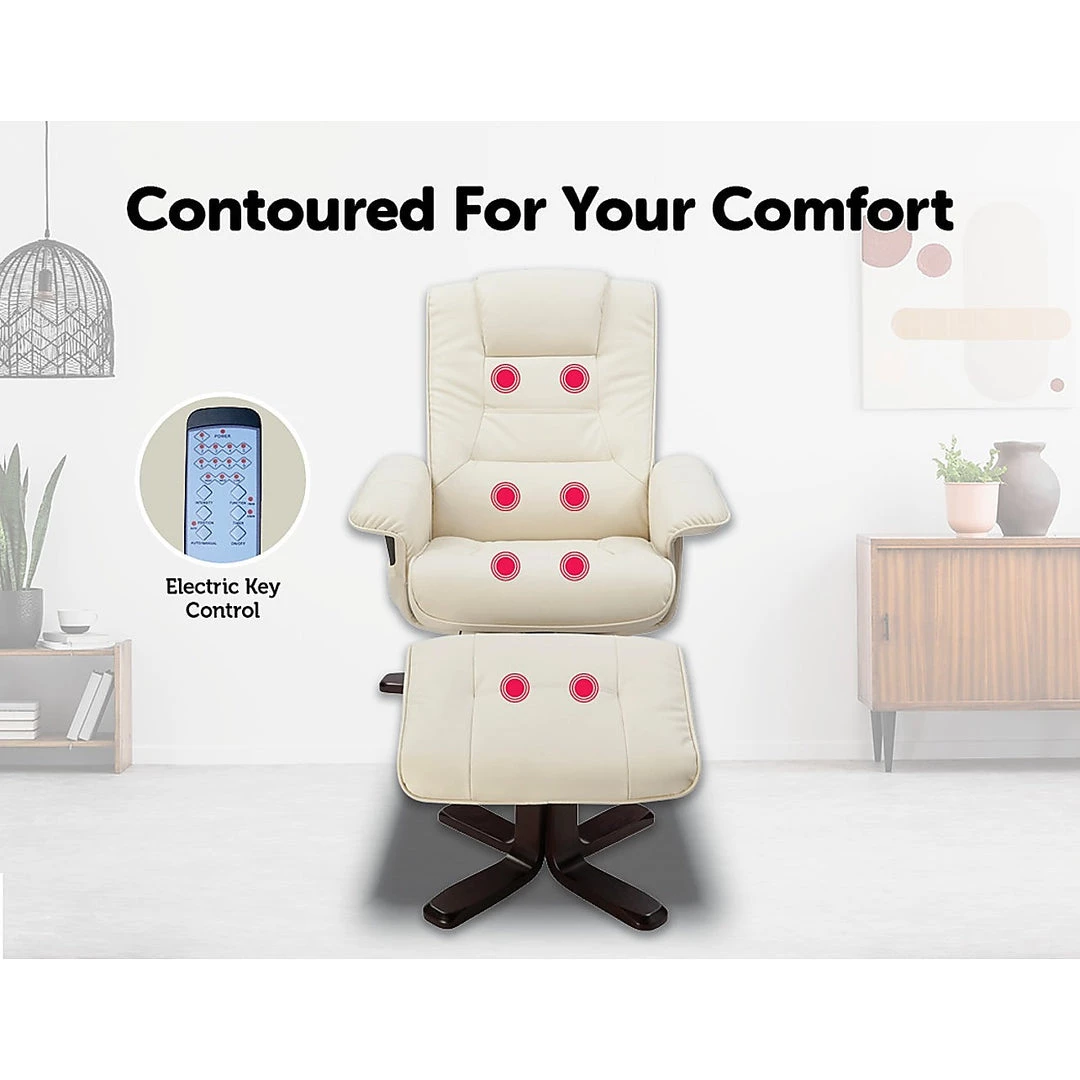 Palermo PU Leather Massage Chair Recliner Ottoman Lounge Remote - Cream