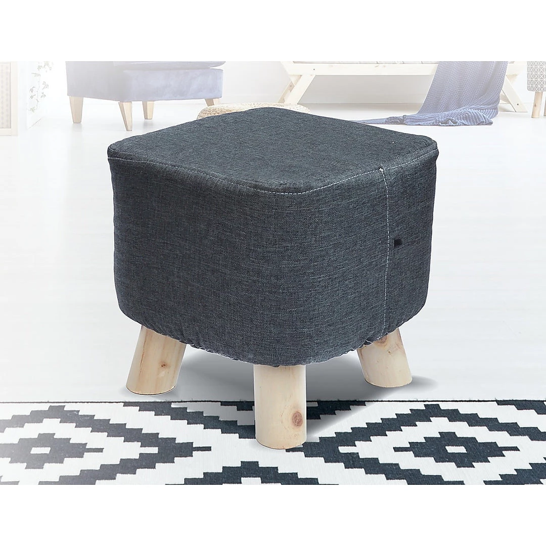 Randy & Travis Machinery Furniture Charcoal Fabric Ottoman Foot Stool Rest Pouffe Wood Padded Seat Squircle