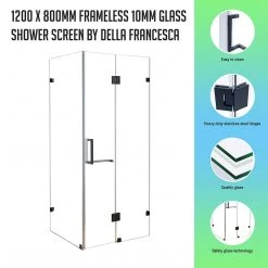 120 X 80cm Frameless 10mm Glass Shower Screen By Della Francesca BLACK Hinges/Brackets And SQUARE Handle DIY & Renovation