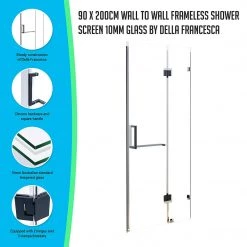 Della Francesca 90 X 200cm Wall To Wall Frameless Shower Screen In Black Hardware With Square Handle
